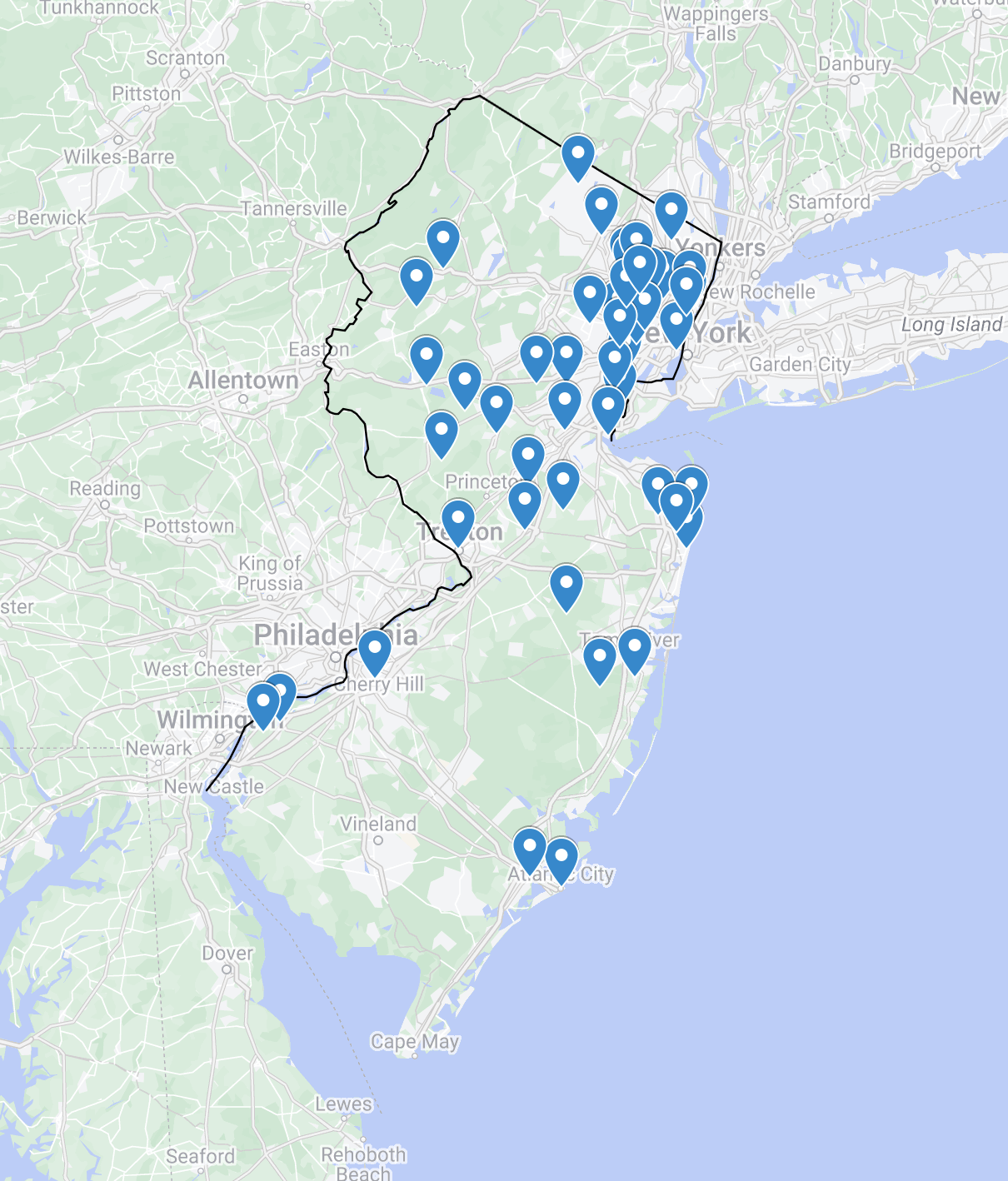 A map of New Jersey with blue points on it